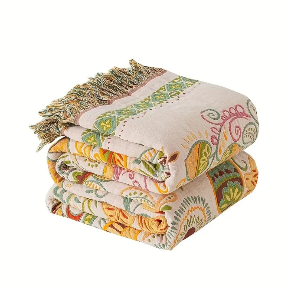 Home Decor Cotton Gauze Throw Blanket | Vibrant Reversible Bohemian Design with Tasseled Edges 6