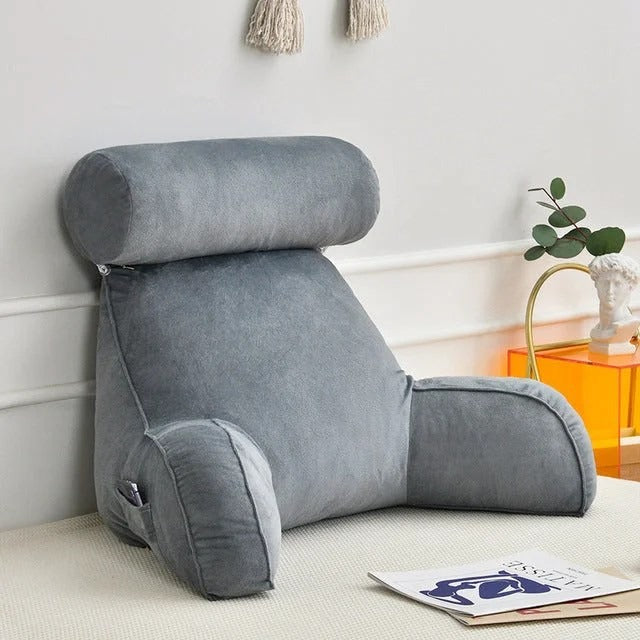 Comfort Haven | Backrest Pillow with Adjustable Headrest & Side Pocket | Soft Velour Cushion for Ultimate Neck and Back Support 0