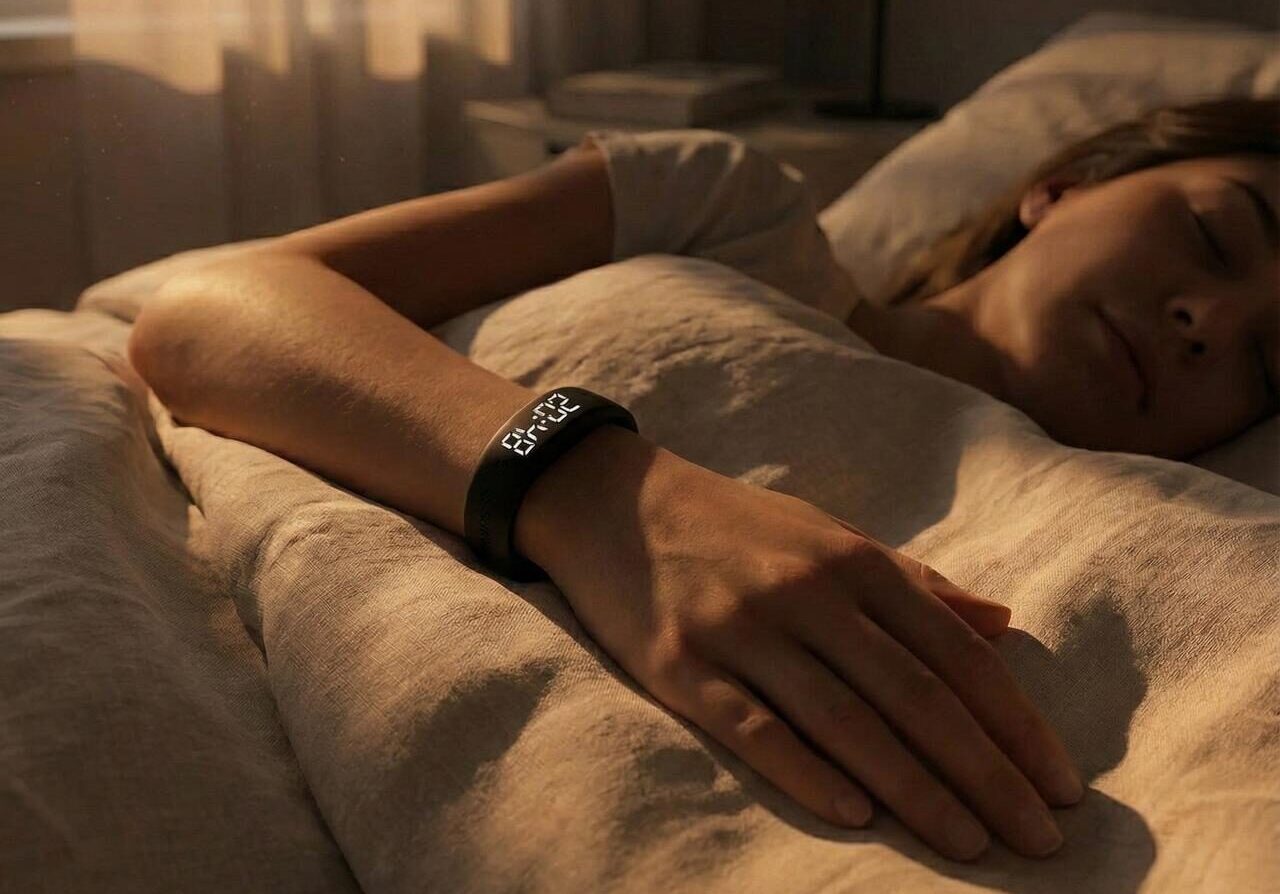 Person lying in bed with a smartwatch on their wrist, bathed in warm light.