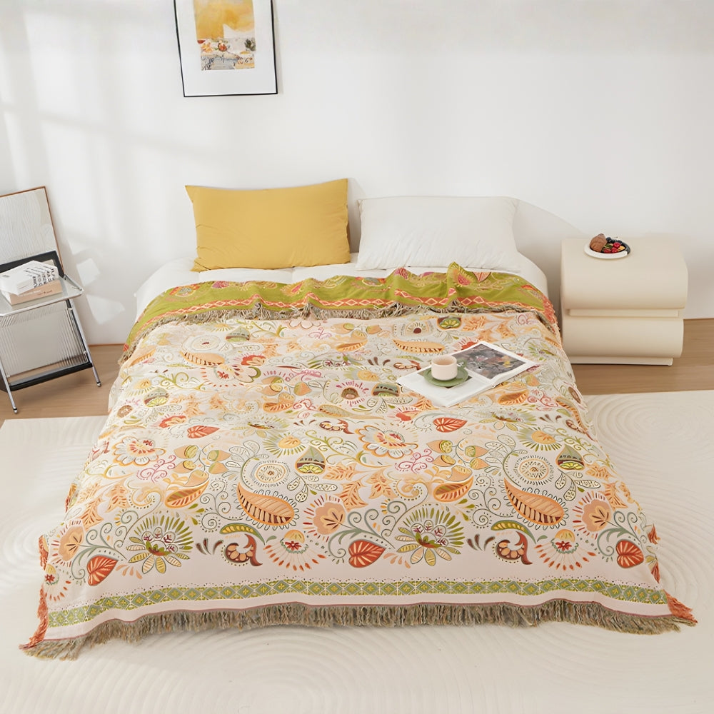 Home Decor Cotton Gauze Throw Blanket | Vibrant Reversible Bohemian Design with Tasseled Edges 0