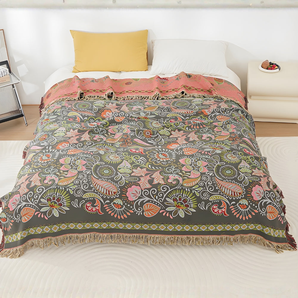 Home Decor Cotton Gauze Throw Blanket | Vibrant Reversible Bohemian Design with Tasseled Edges 1