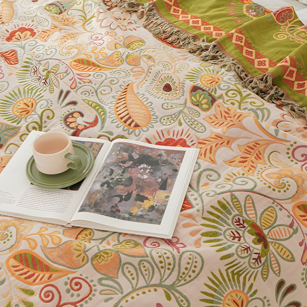 Home Decor Cotton Gauze Throw Blanket | Vibrant Reversible Bohemian Design with Tasseled Edges 3
