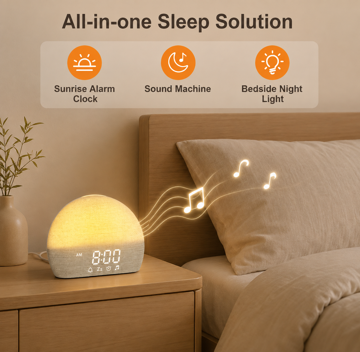 A glowing dome-shaped bedside alarm clock sits on a wooden nightstand next to a bed with beige bedding. The clock has a digital display reading 8:00 and is shown with illustrated sound waves and music notes projecting light into the room.