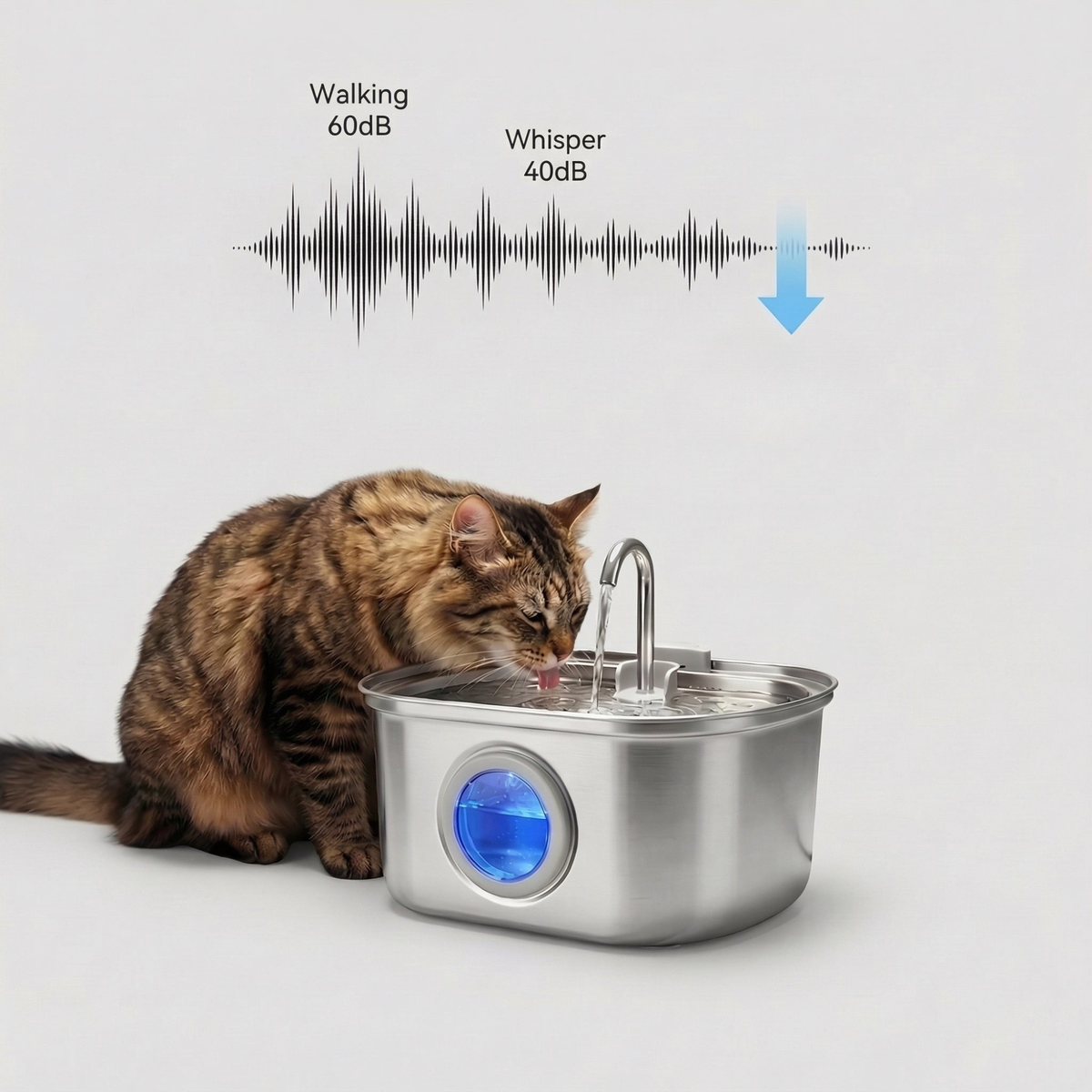 A brown tabby cat drinks water from a stainless steel pet fountain with a blue circular window, shown against a light gray background with an audio waveform graphic above illustrating sound levels.