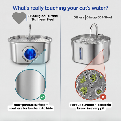 An infographic comparing a premium stainless steel cat water fountain with a cheaper alternative. The left side shows a 316 Surgical-Grade Stainless Steel fountain with a blue interior light and a zoomed-in detail of its non-porous surface.