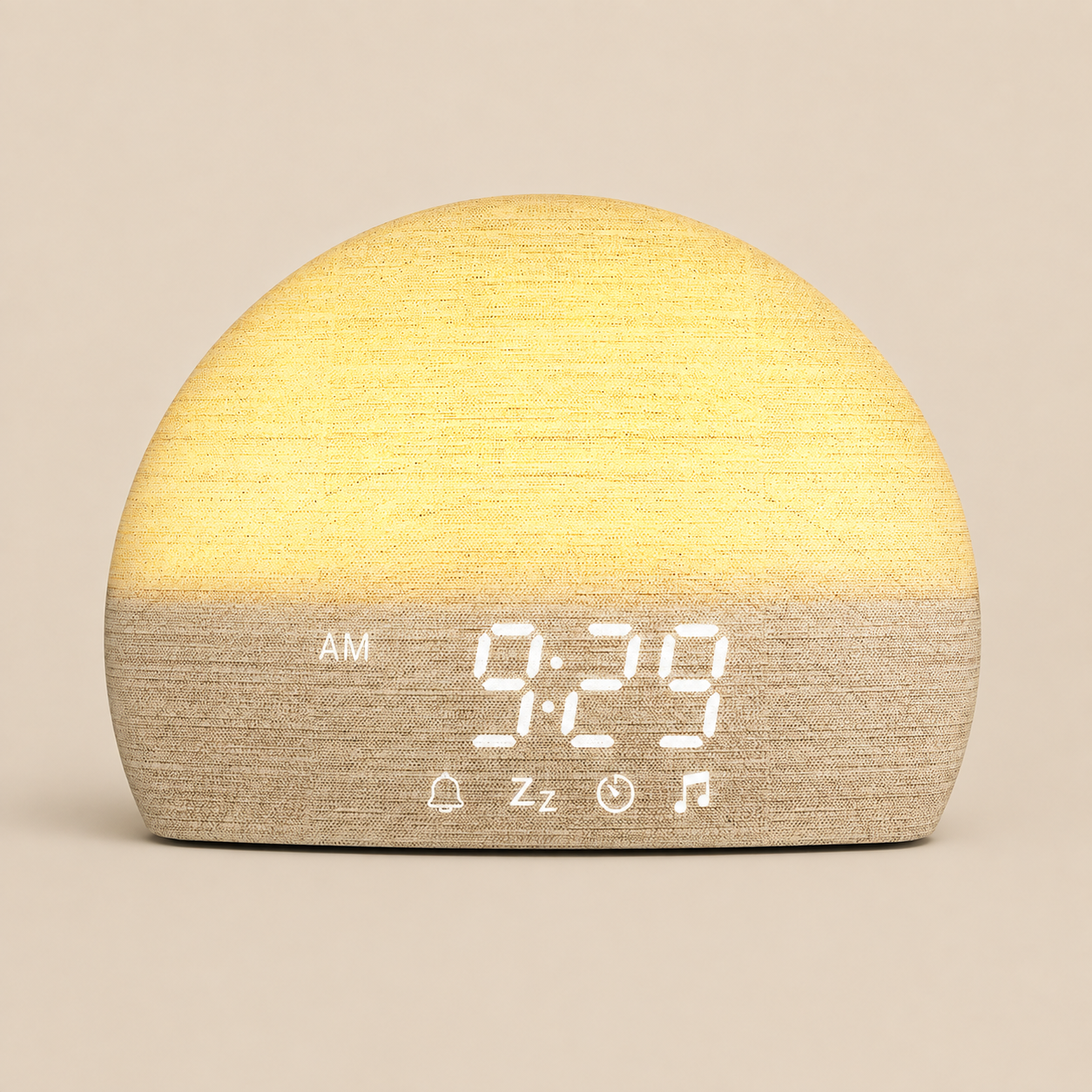 A dome-shaped digital alarm clock with a two-tone wood-grain finish, glowing with warm yellow light on top and beige on the bottom. The digital display shows '9:29 AM' with icons for bells, sleep mode, timer, and music.