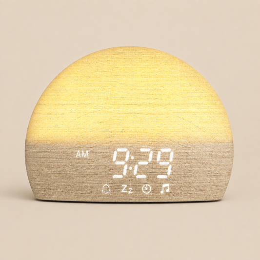 A dome-shaped digital alarm clock with a two-tone wood-grain finish, glowing with warm yellow light on top and beige on the bottom. The digital display shows '9:29 AM' with icons for bells, sleep mode, timer, and music.