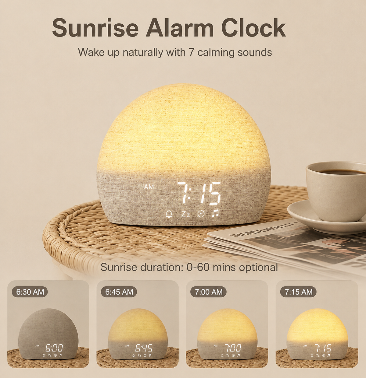A dome-shaped sunrise alarm clock lamp with a textured light gray fabric top and a glowing warm yellow LED base, shown on a woven tray beside a cup of coffee. The image includes text describing the product and a row of small time-duration preview thumbnails at the bottom showing different sunrise duration settings.