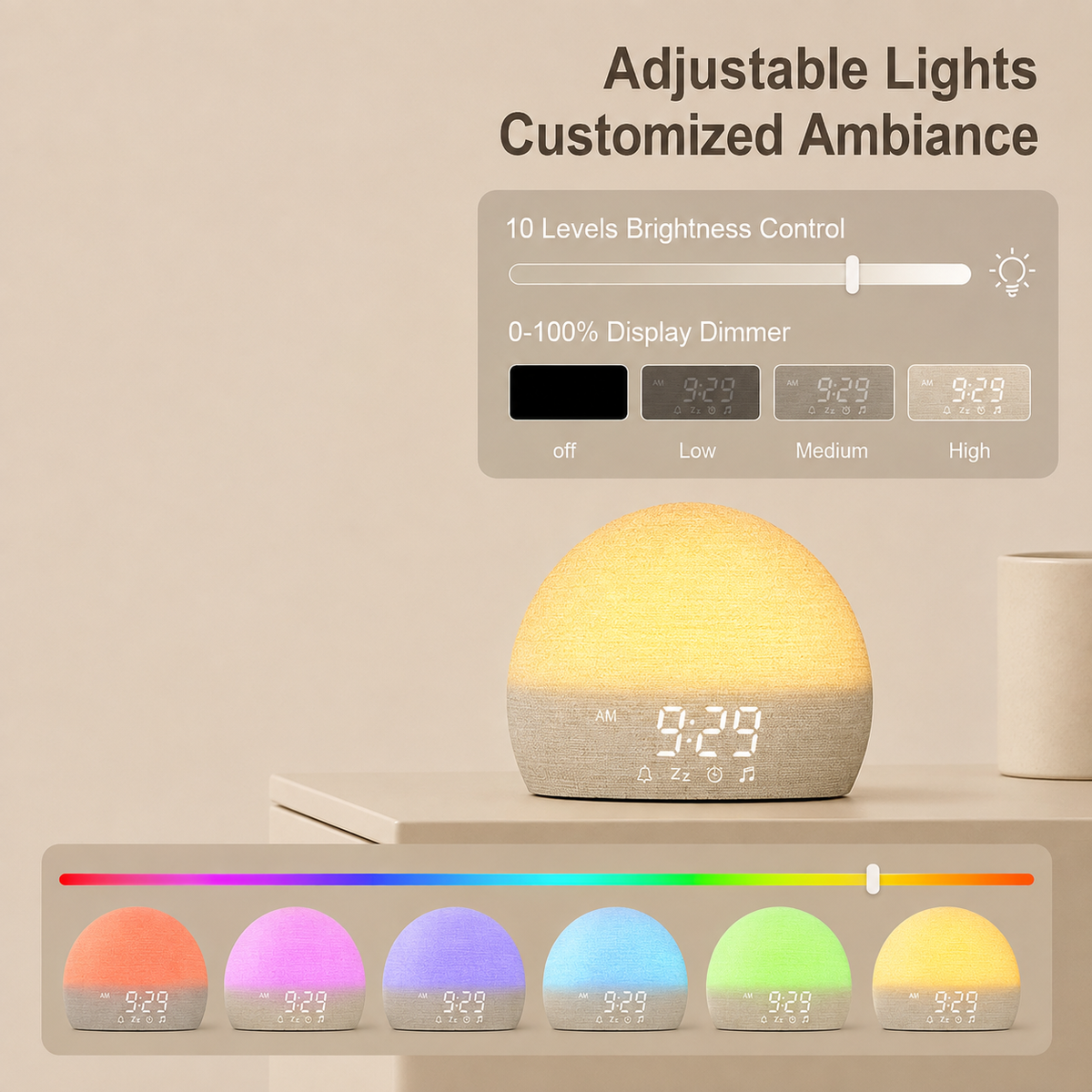 A dome-shaped digital alarm clock lamp with a textured fabric surface, shown lit in warm yellow on a shelf. The image includes marketing text reading 'Adjustable Lights Customized Ambiance' and a brightness control graphic, plus a color-changing indicator strip showing multiple lamp color modes.