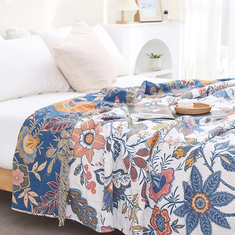 Unisex Cotton Floral Throw Blanket | Elegant Reversible All-Season Accent Blanket 0