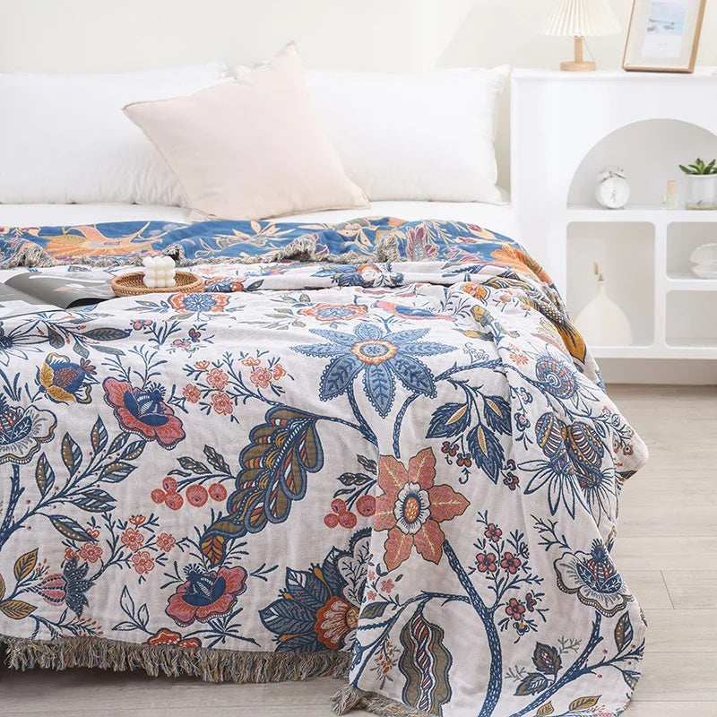 Unisex Cotton Floral Throw Blanket | Elegant Reversible All-Season Accent Blanket 7