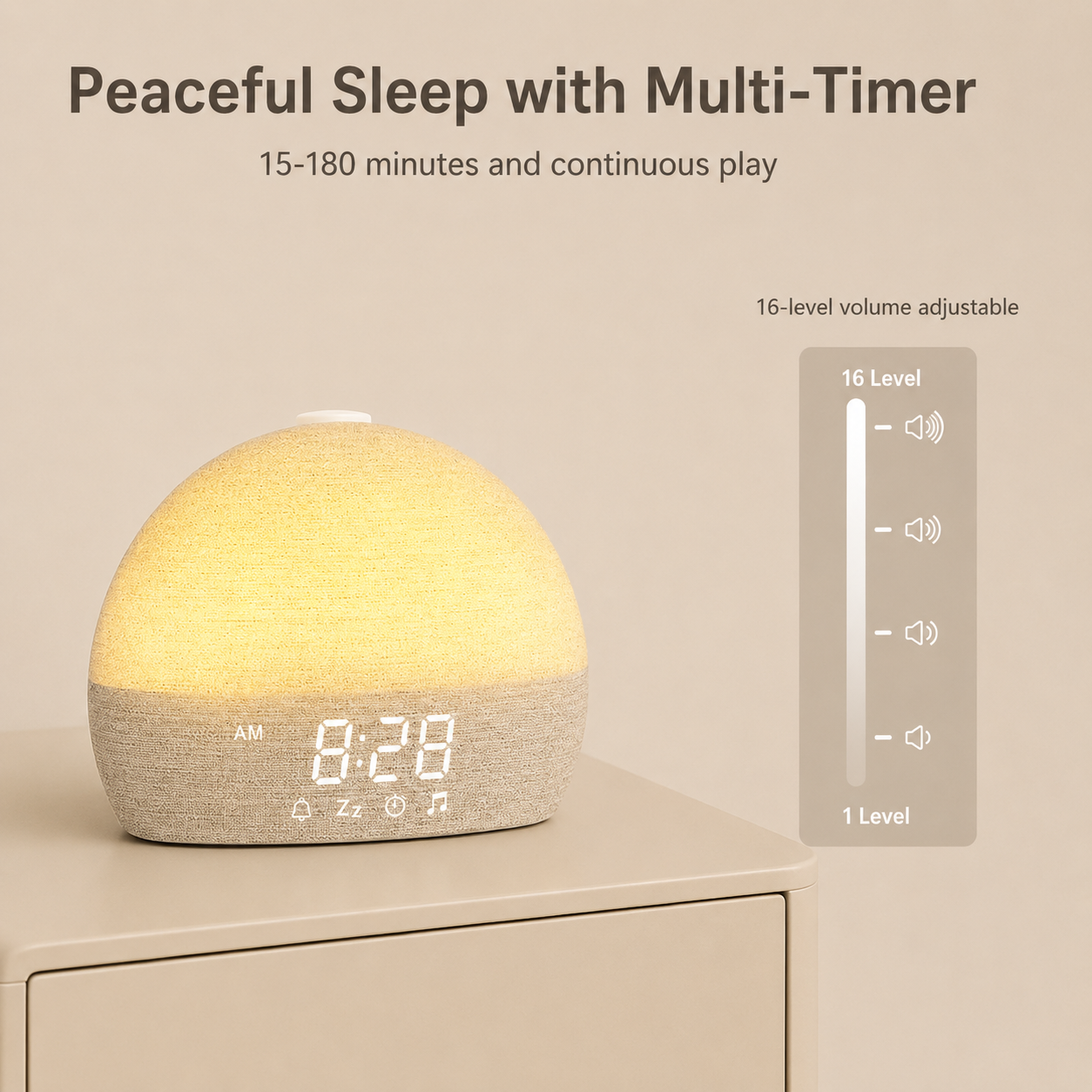 A dome-shaped fabric alarm clock lamp sits on a beige table against a beige wall, with promotional text above reading 'Peaceful Sleep with Multi-Timer' and a side callout showing 16-level volume adjustment.