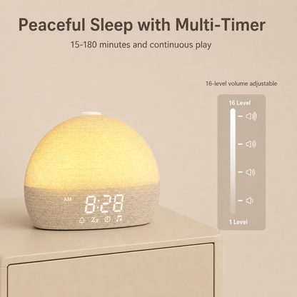 A dome-shaped fabric alarm clock lamp sits on a beige table against a beige wall, with promotional text above reading 'Peaceful Sleep with Multi-Timer' and a side callout showing 16-level volume adjustment.