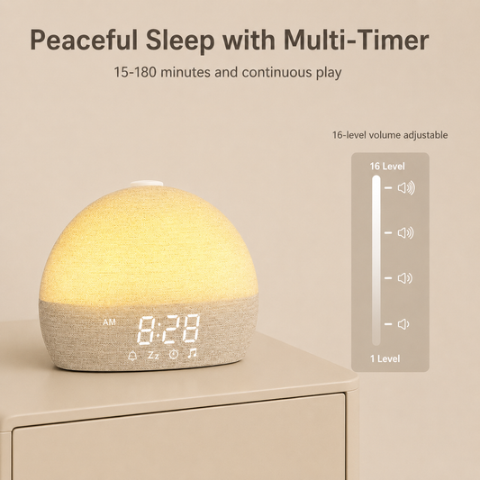 A dome-shaped fabric alarm clock lamp sits on a beige table against a beige wall, with promotional text above reading 'Peaceful Sleep with Multi-Timer' and a side callout showing 16-level volume adjustment.