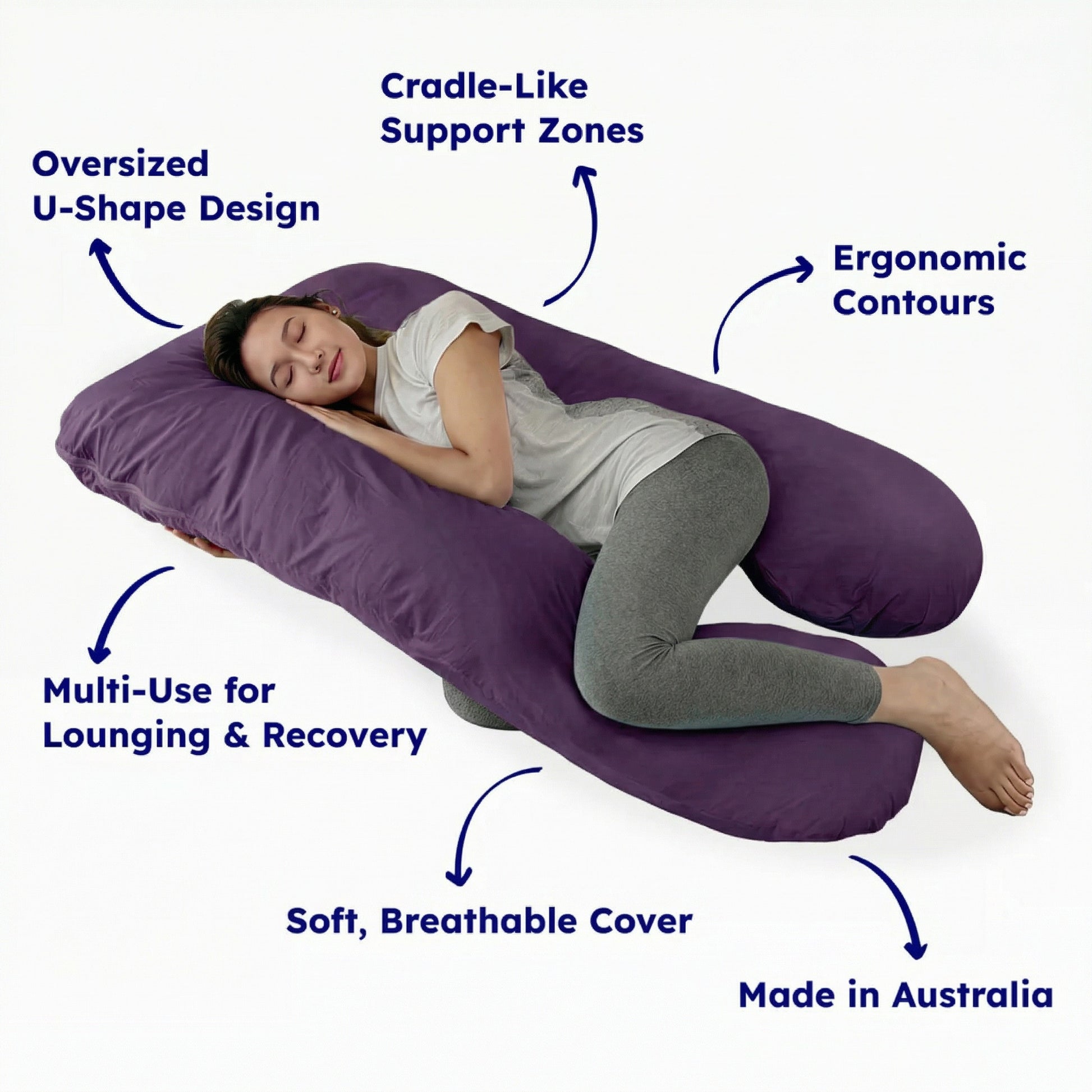 Person lying on a purple body pillow with text highlighting features