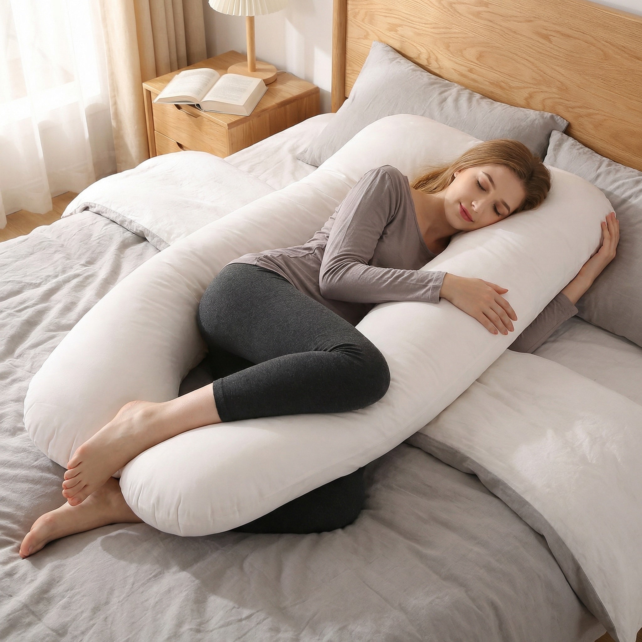 Woman lying on a U-shaped body pillow in a bedroom setting.