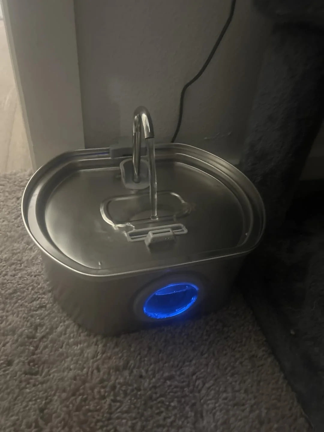 Small container with a blue light on a gray surface