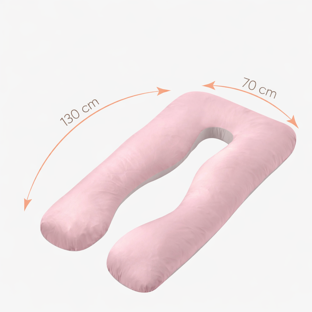 Pink U-shaped pillow with measurements on a white background