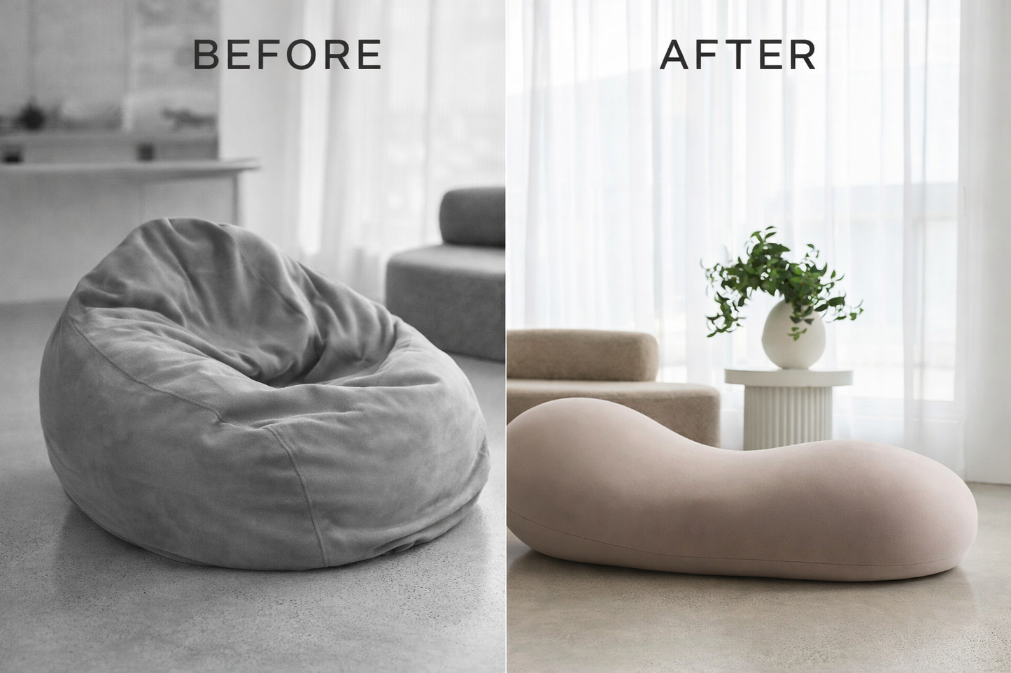 Before and after comparison of a bean bag chair in a living room setting.