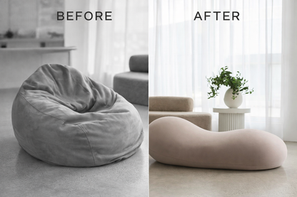 Before and after comparison of a bean bag chair in a living room setting.