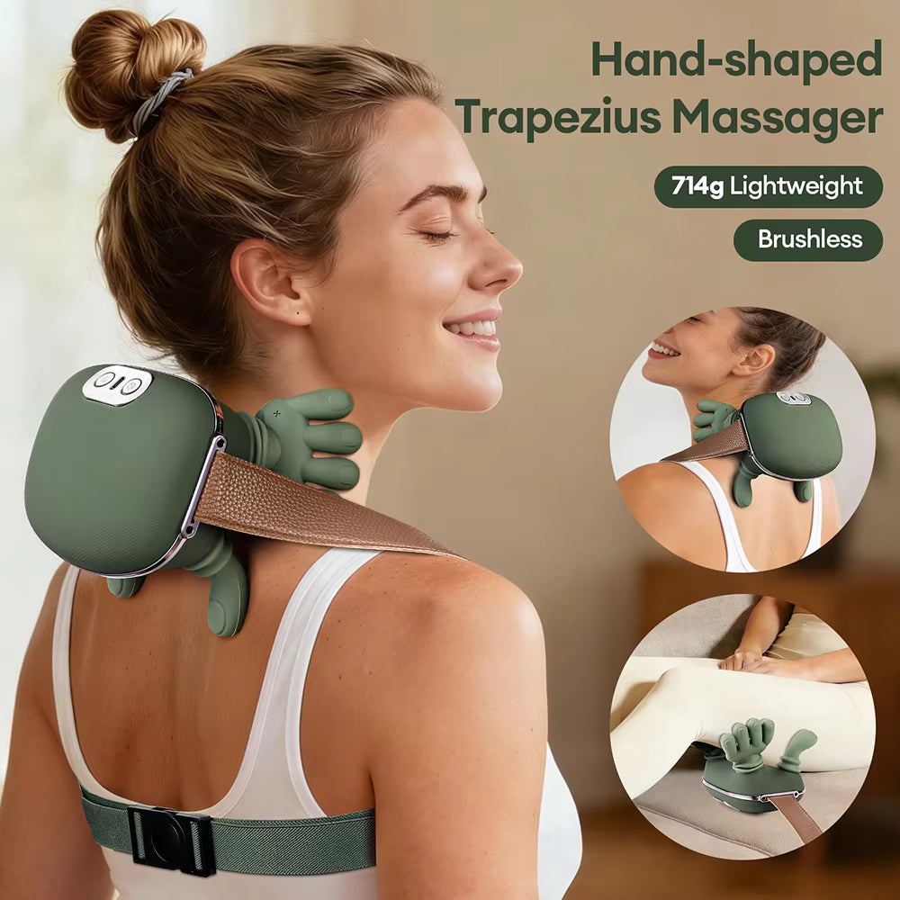 Woman using a hand-shaped trapezius massager on her shoulder with product details displayed.