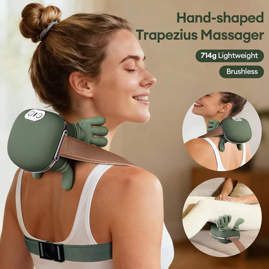 Woman using a hand-shaped trapezius massager on her shoulder with product details displayed.