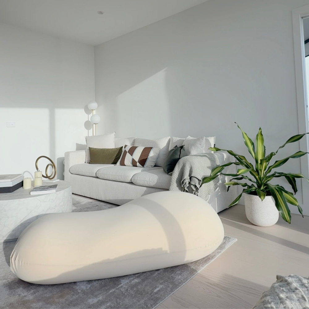 Modern living room with a white sofa, bean bag, and potted plant.