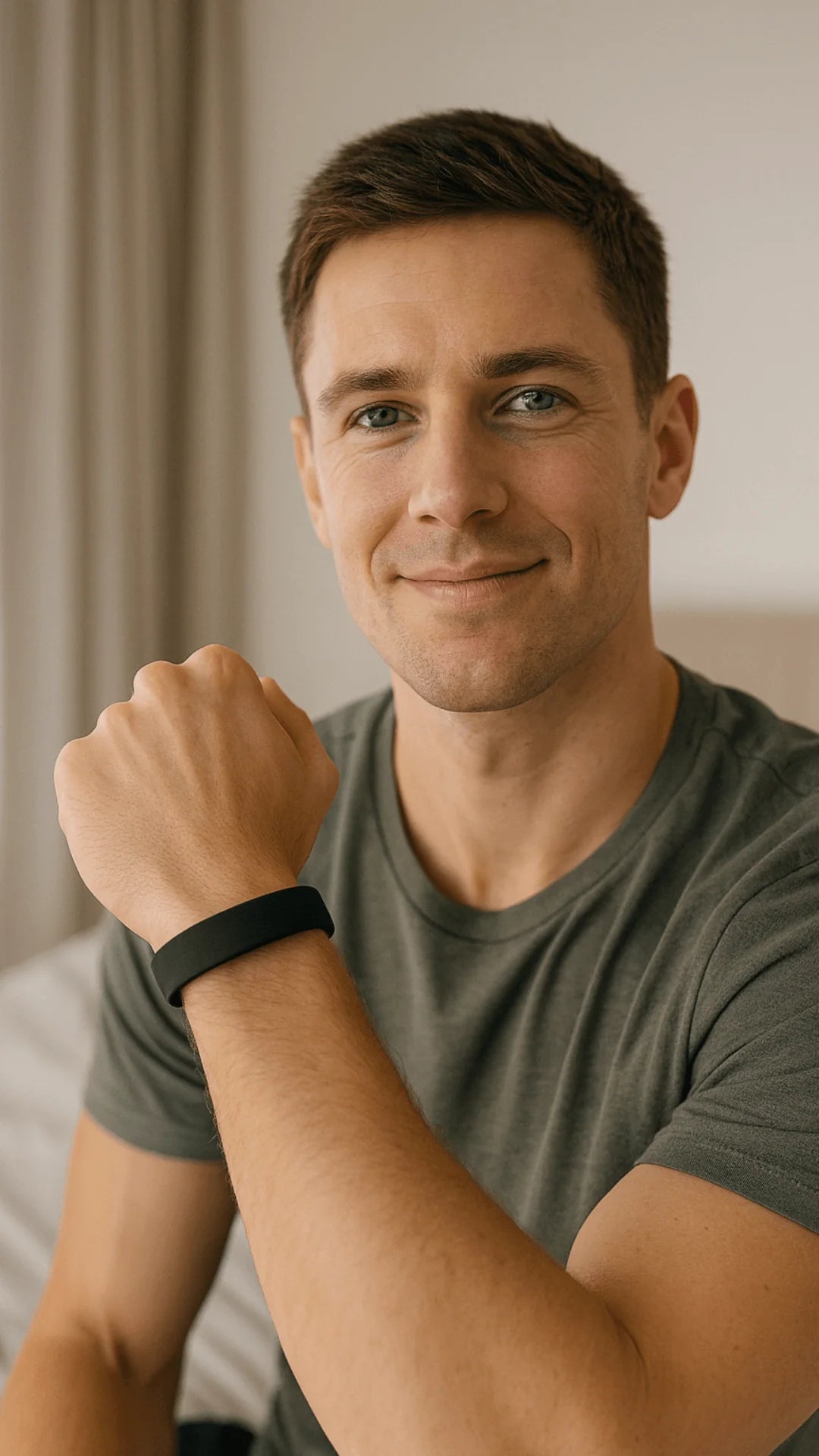 Man wearing a green t-shirt and black smartwatch, smiling indoors.