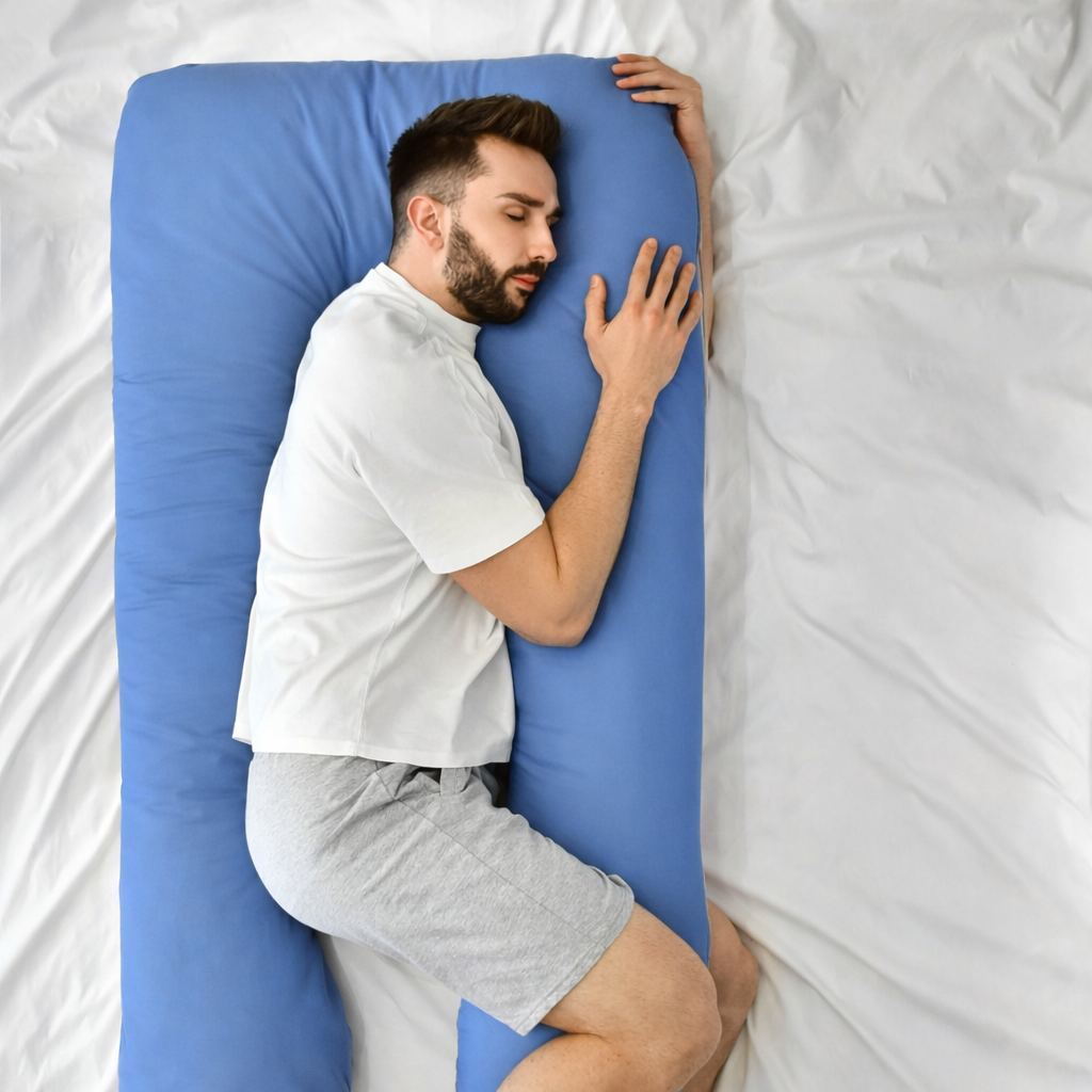 Man lying on a large blue pillow on a bed