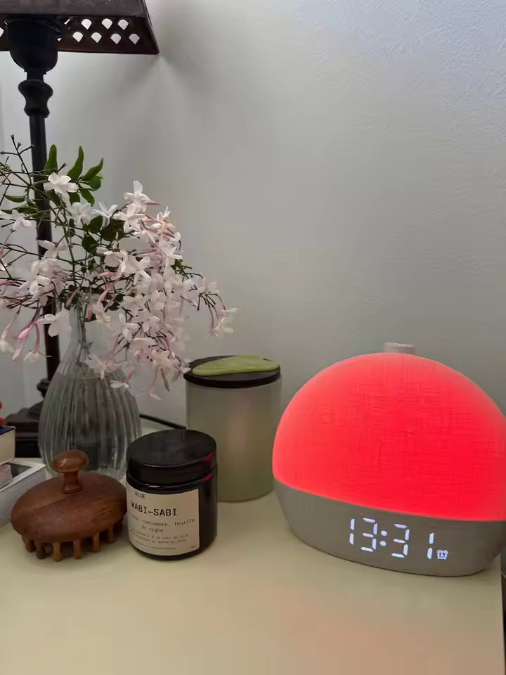 Red LED night light on a table with a vase of flowers and other items.