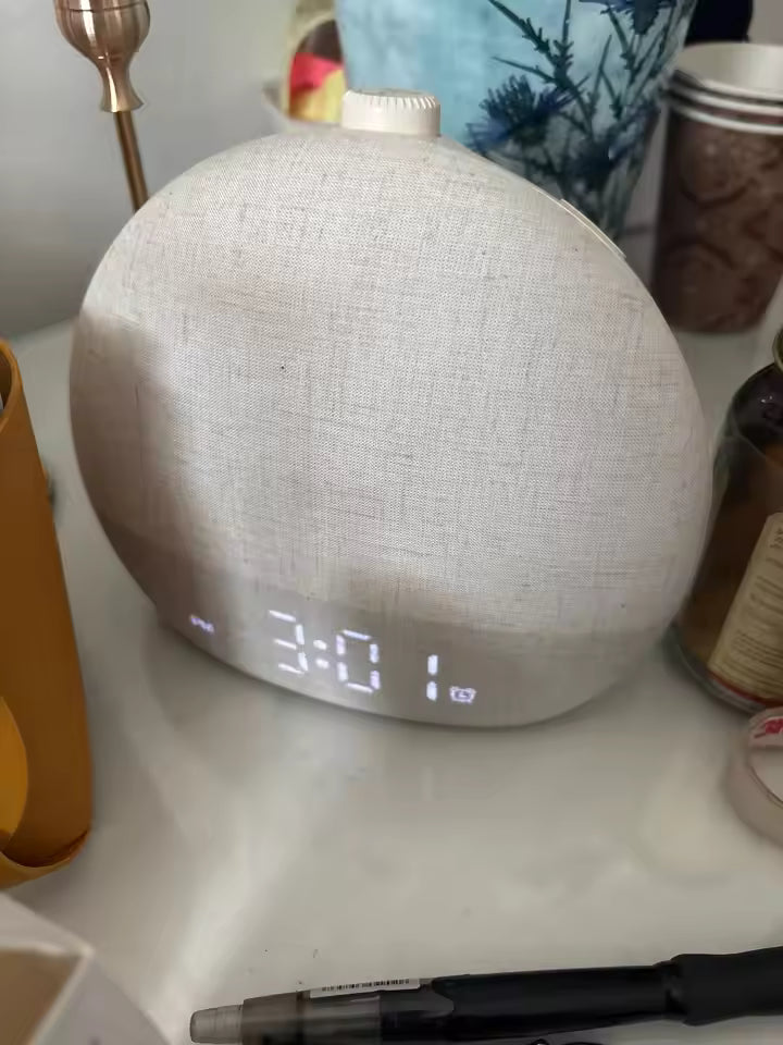 White round device with digital display on a surface