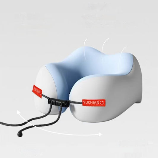 White and blue neck pillow with 'YUCHIAN' branding on a light gray background